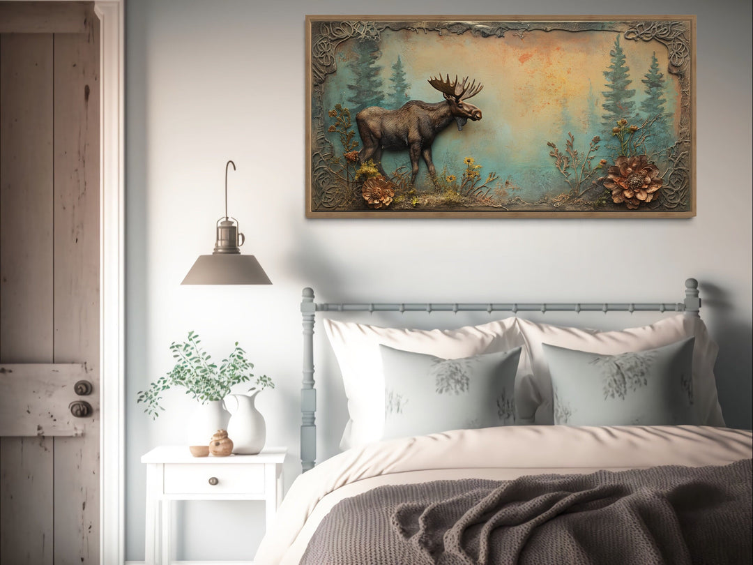 Rustic Moose Painting Framed Cabin Wall Decor