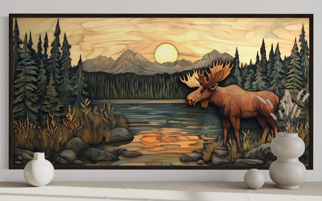 Rustic Moose Painting Framed Cabin Wall Decor