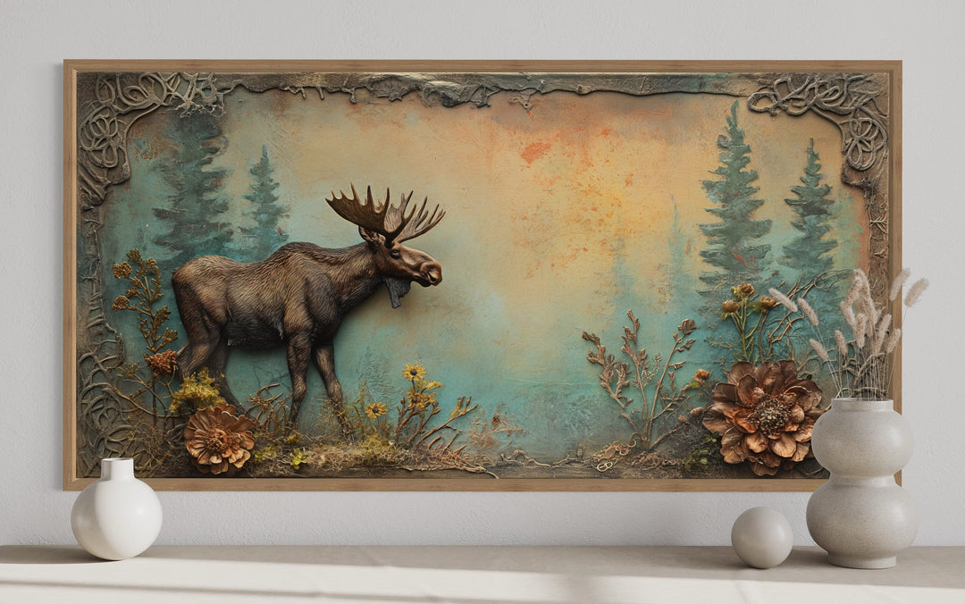 Rustic Moose Painting Framed Cabin Wall Decor