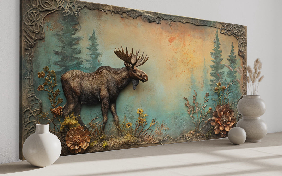 Rustic Moose Painting Framed Cabin Wall Decor