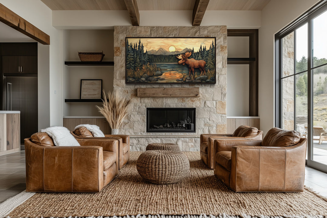 Rustic Moose Painting Framed Cabin Wall Decor