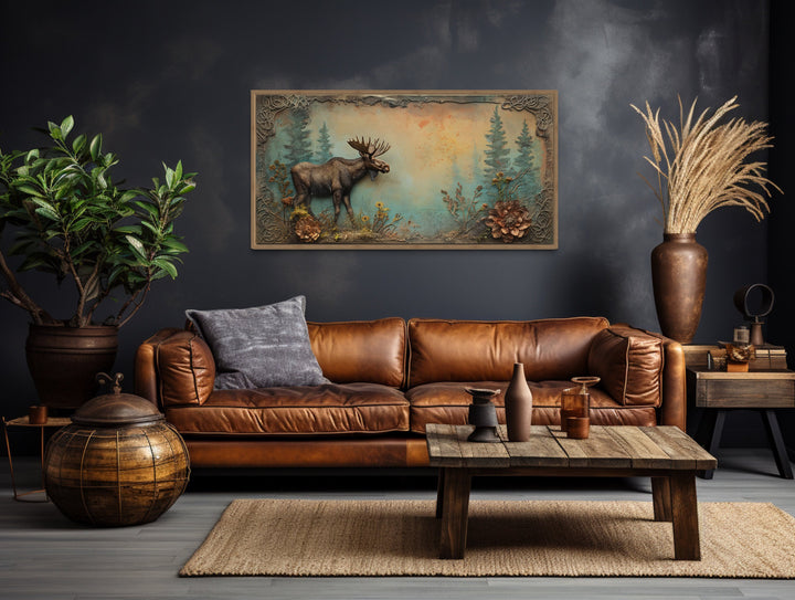 Rustic Moose Painting Framed Cabin Wall Decor