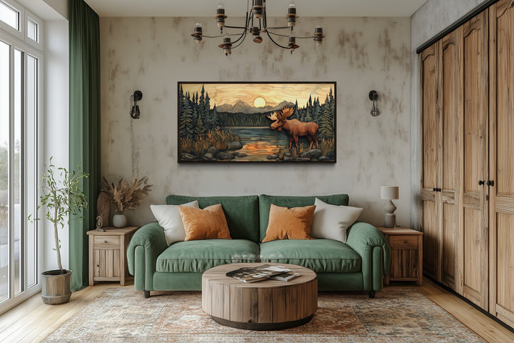 Rustic Moose Painting Framed Cabin Wall Decor