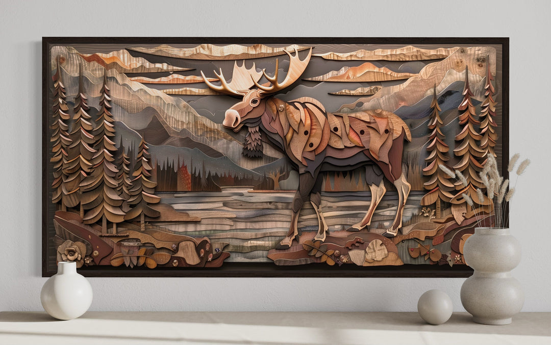 Rustic Moose With Wood Panel Effect Framed Canvas Wall Art