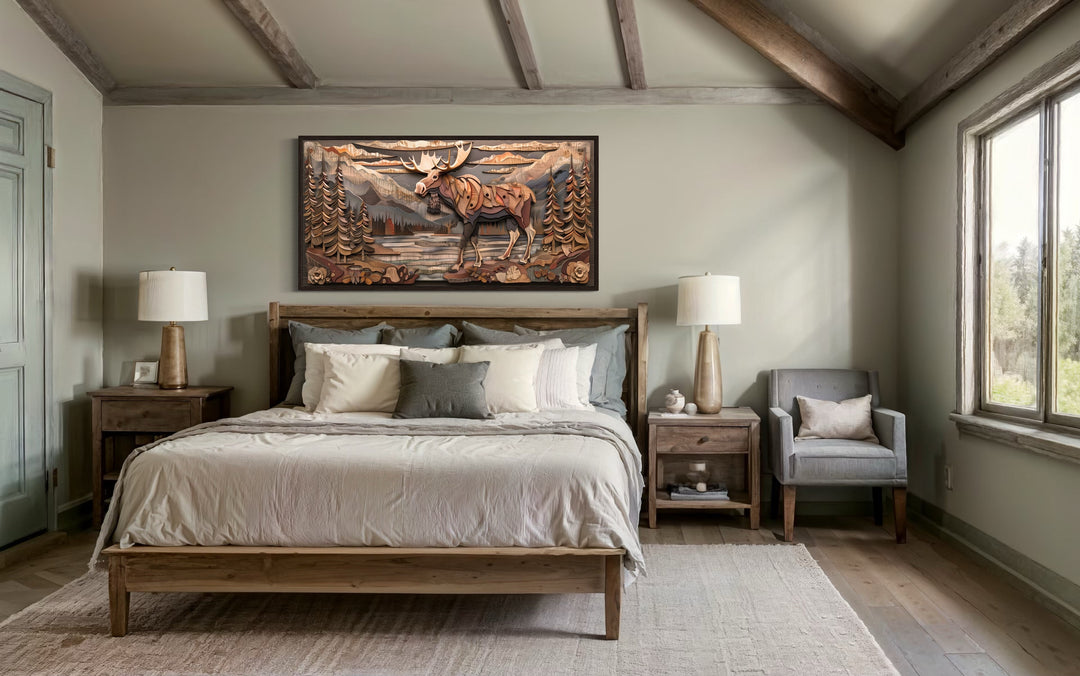 Rustic Moose With Wood Panel Effect Framed Canvas Wall Art