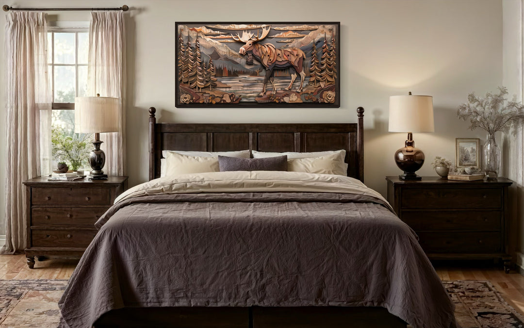 Rustic Moose With Wood Panel Effect Framed Canvas Wall Art