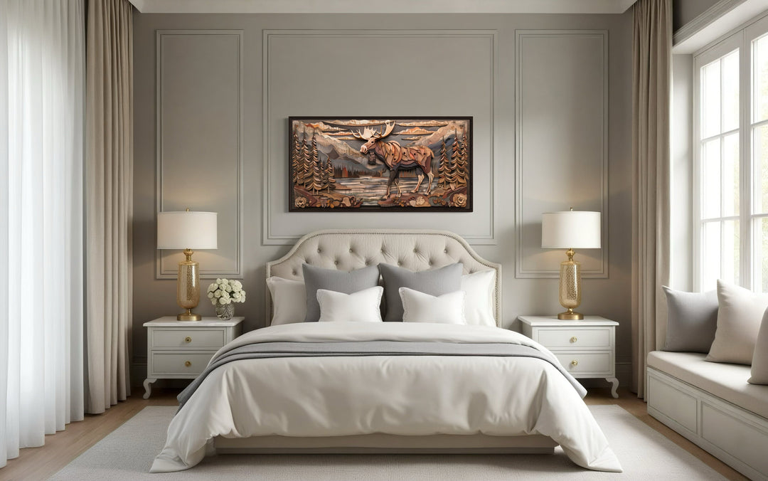 Rustic Moose With Wood Panel Effect Framed Canvas Wall Art