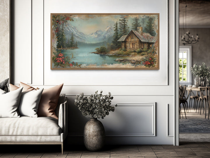 Rustic Mountain Cabin Painting On Wood Framed Canvas Wall Art