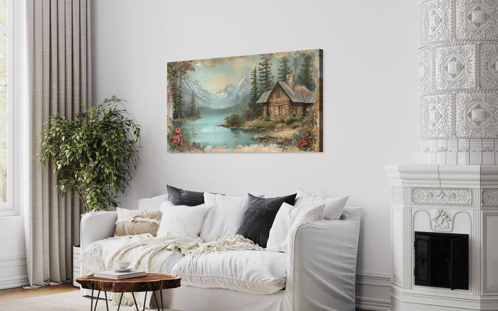 Rustic Mountain Cabin Painting On Wood Framed Canvas Wall Art