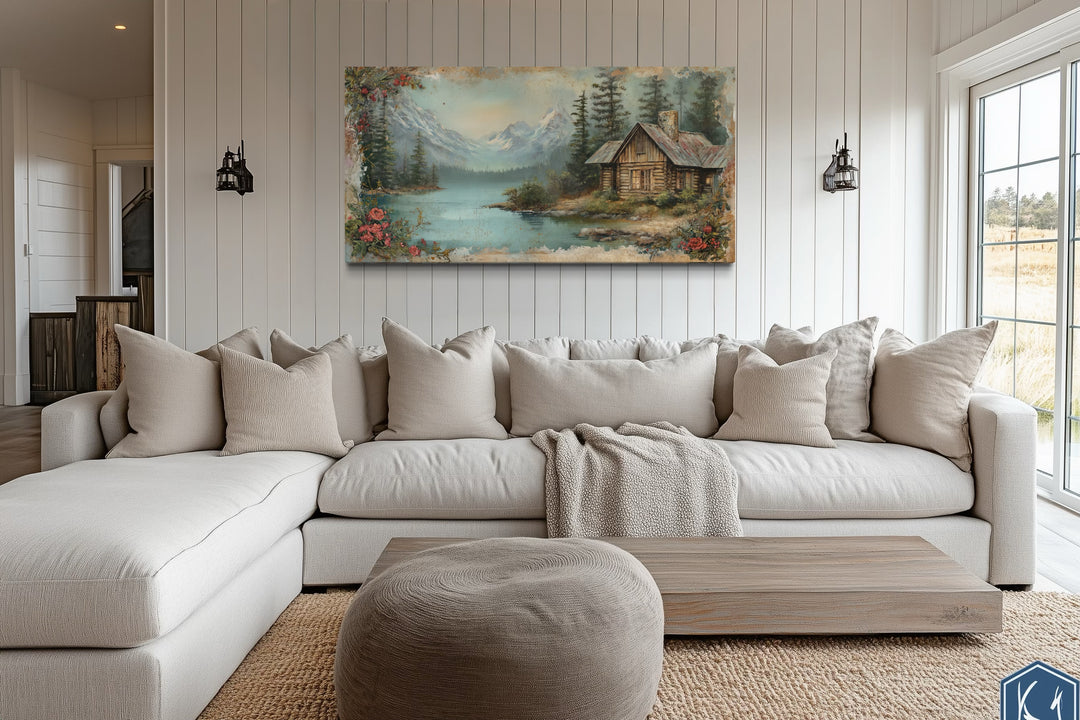 Rustic Mountain Cabin Painting On Wood Framed Canvas Wall Art