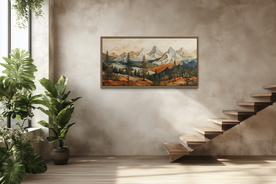 Rustic Mountain Layered Wood Panel Effect Painting Canvas Wall Art