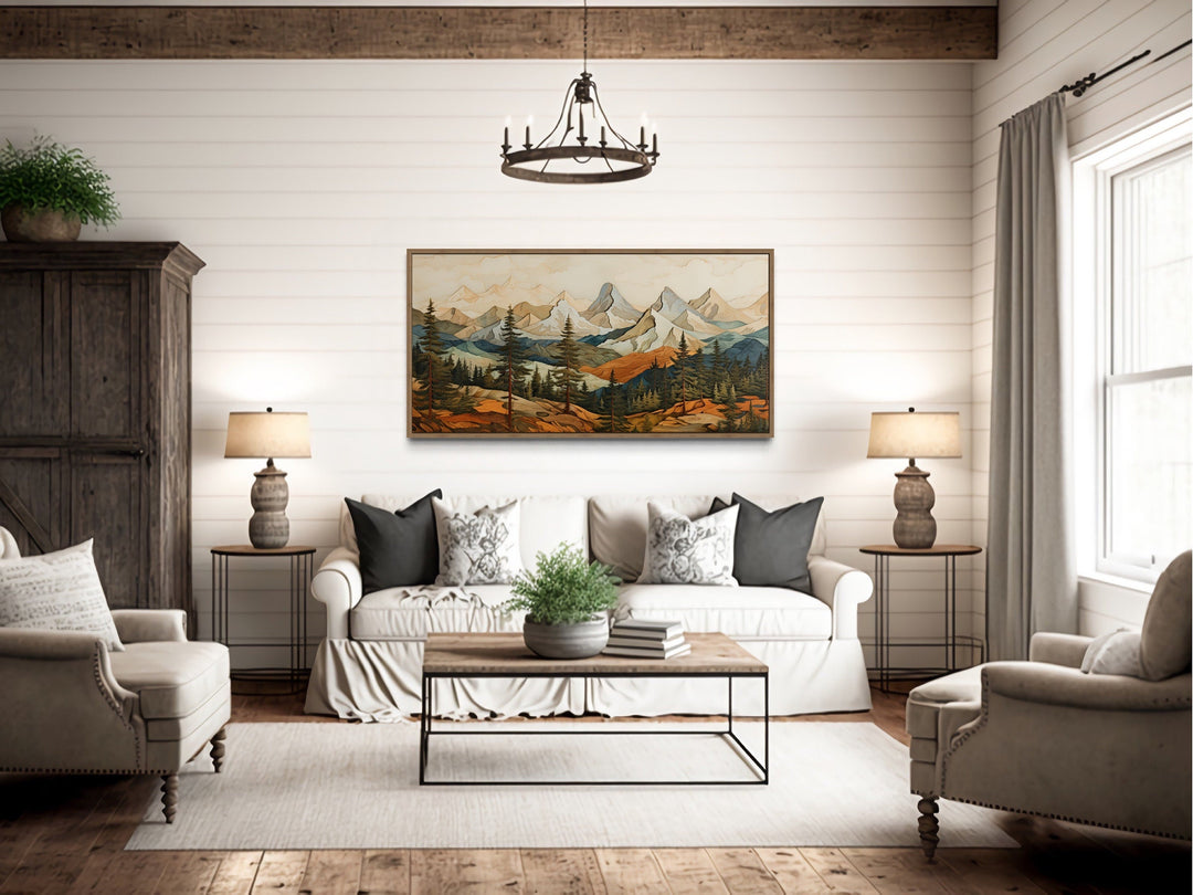 Rustic Mountain Layered Wood Panel Effect Painting Canvas Wall Art