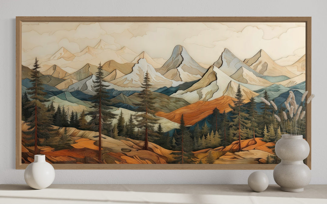 Rustic Mountain Layered Wood Panel Effect Painting Canvas Wall Art