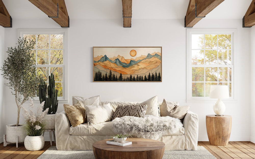 Rustic Mountain Wall Art - Layered Wood Canvas | Cabin Living Room Decor