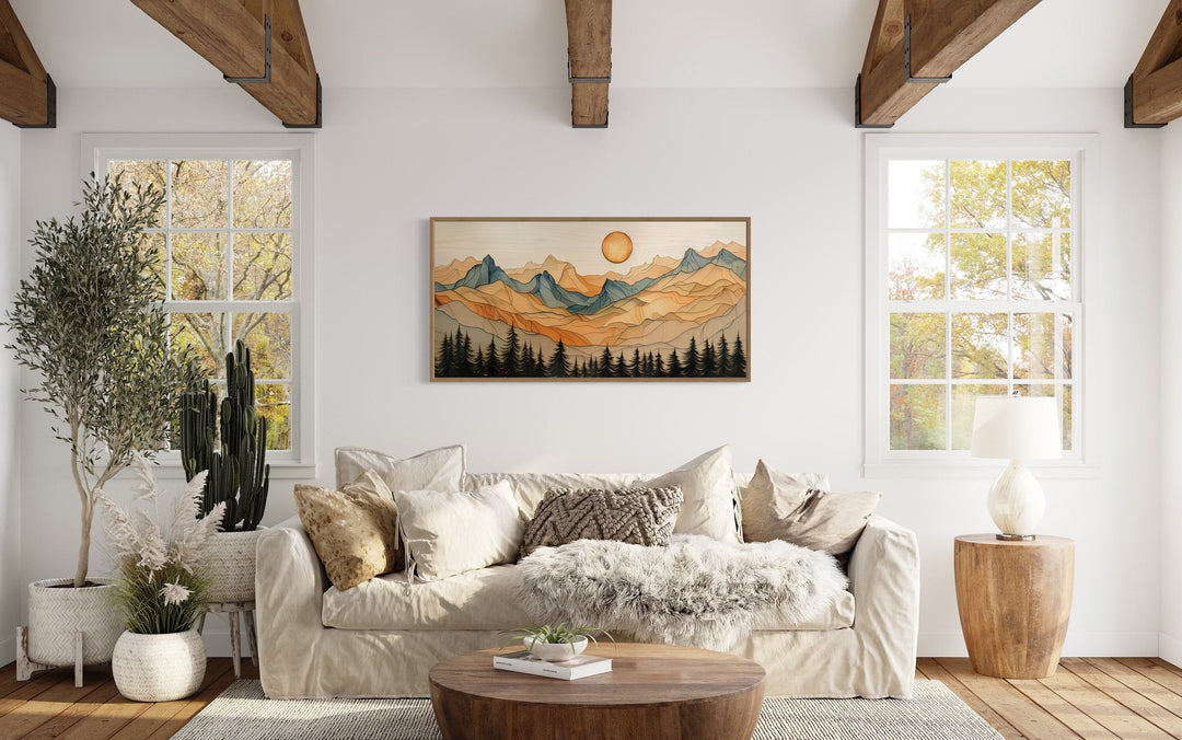Rustic Mountain Wall Art - Layered Wood Canvas | Cabin Living Room Decor