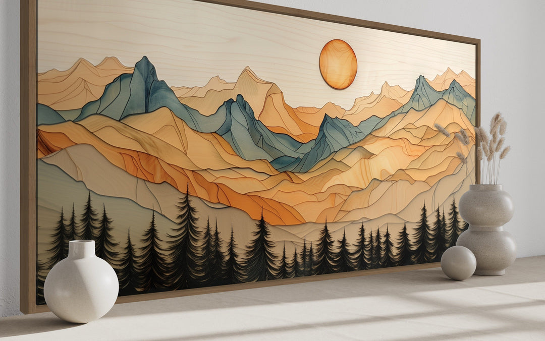 Rustic Mountain Wall Art - Layered Wood Canvas | Cabin Living Room Decor