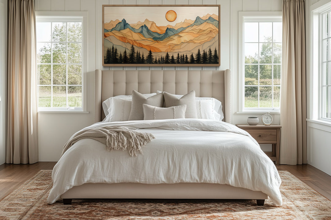 Rustic Mountain Wall Art - Layered Wood Canvas | Cabin Living Room Decor