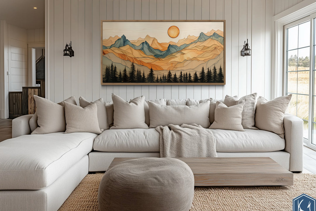 Rustic Mountain Wall Art - Layered Wood Canvas | Cabin Living Room Decor