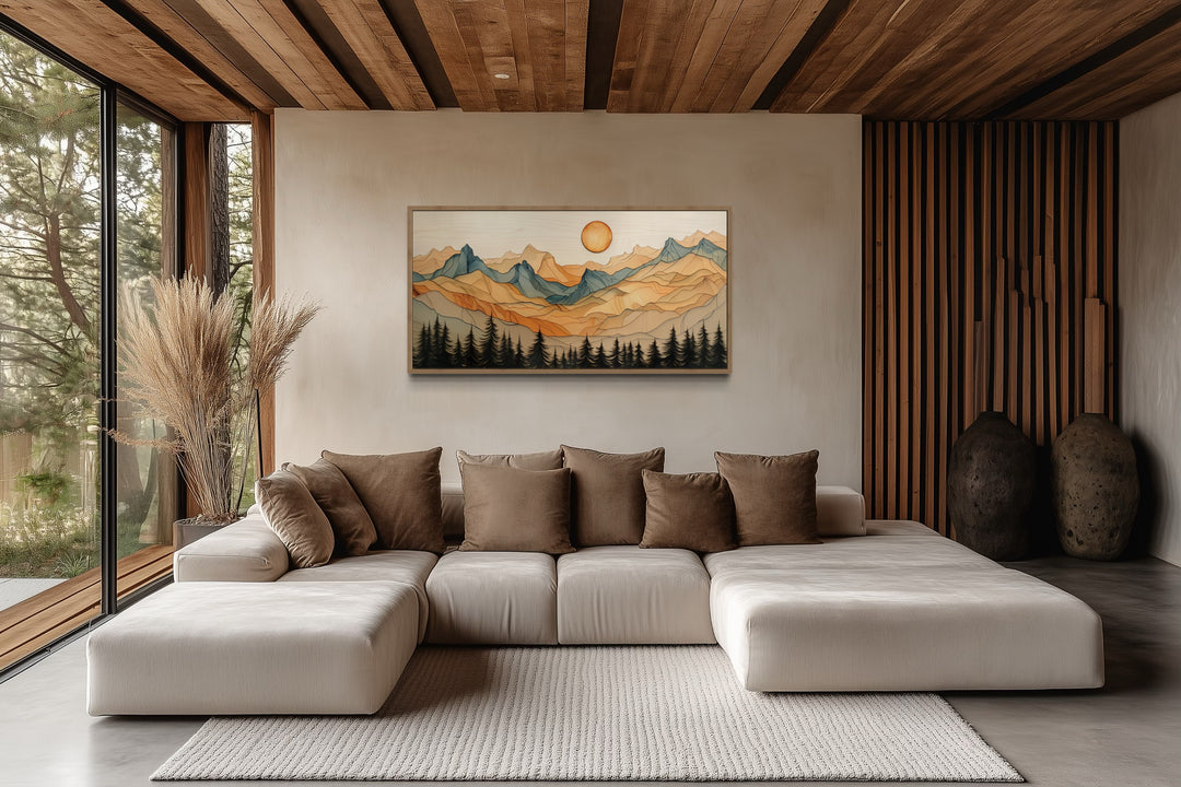 Rustic Mountain Wall Art - Layered Wood Canvas | Cabin Living Room Decor