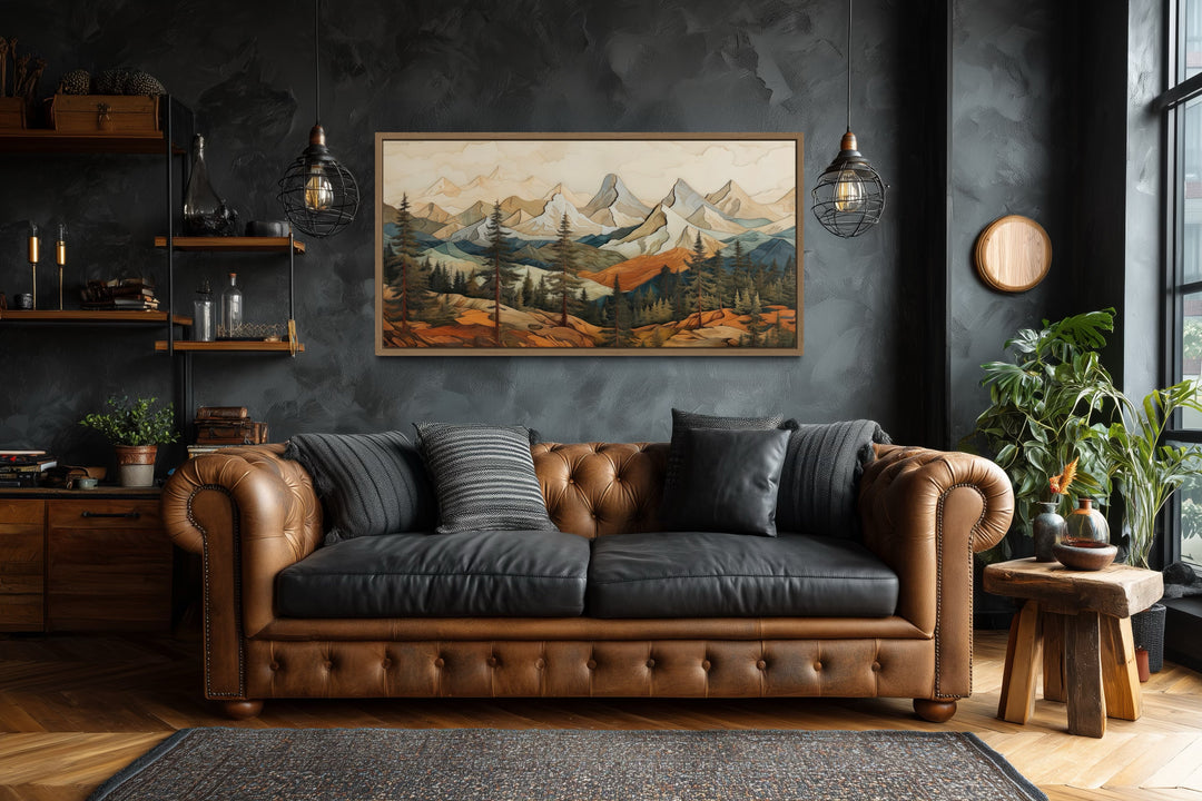 Rustic Mountain Wall Art - Layered Wood Panel Painting for Cabin Decor