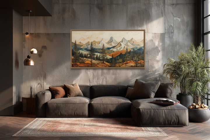 Rustic Mountain Wall Art - Layered Wood Panel Painting for Cabin Decor