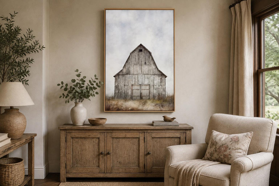 Rustic vertical canvas print of a weathered old barn in a field above a wooden sideboard.