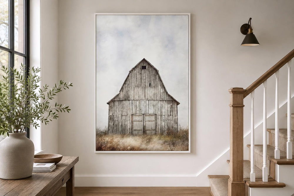 Rustic old barn vertical canvas wall art in a white frame hanging in a farmhouse-style hallway.