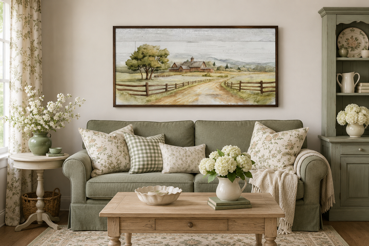 Rustic old barn on the farm landscape painting on wood canvas wall decor in a farmhouse living room.