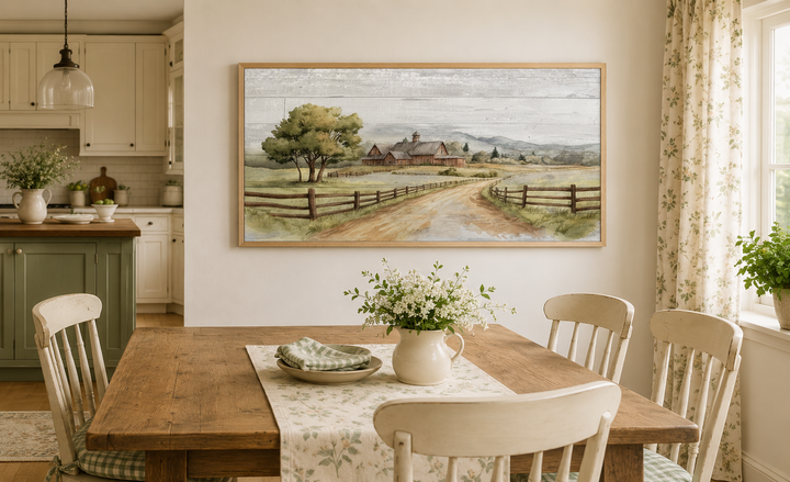 Rustic old barn landscape painting on wood canvas wall decor in a farmhouse dining room.