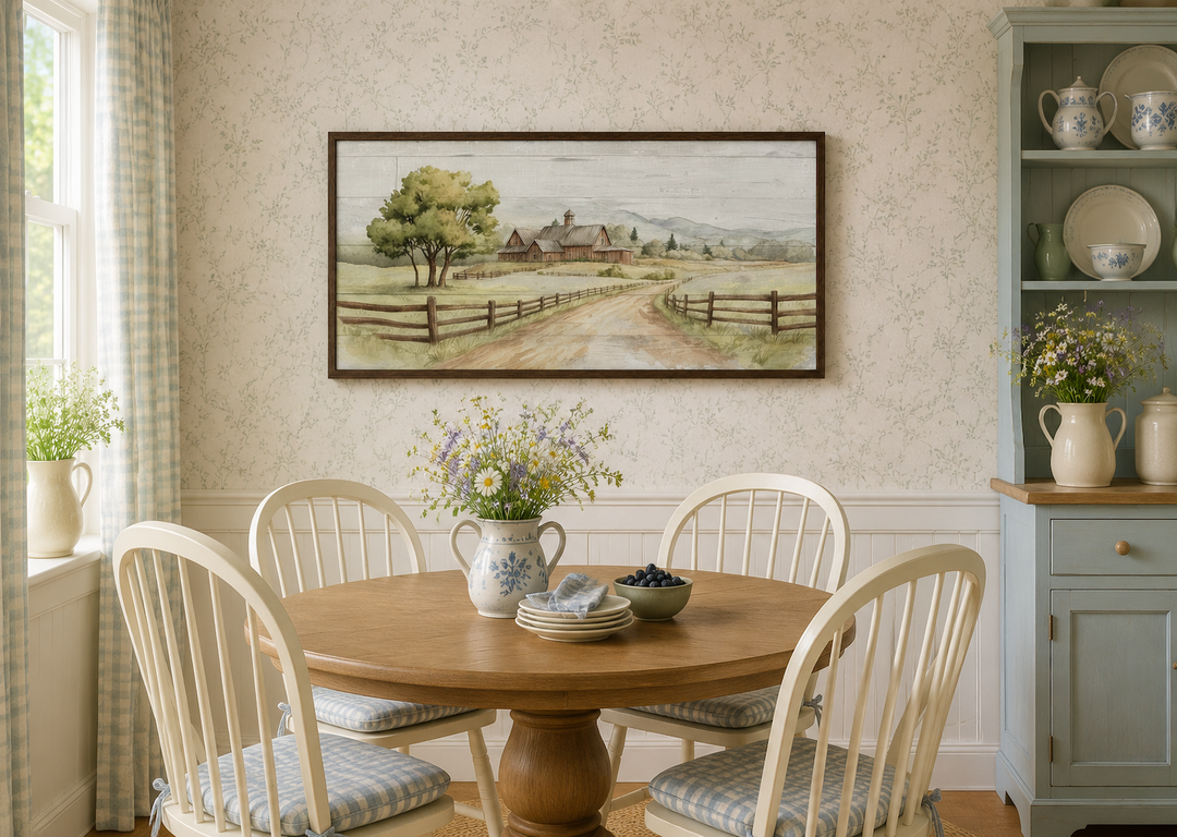 Rustic old barn landscape painting on wood canvas wall decor in a farmhouse dining room.