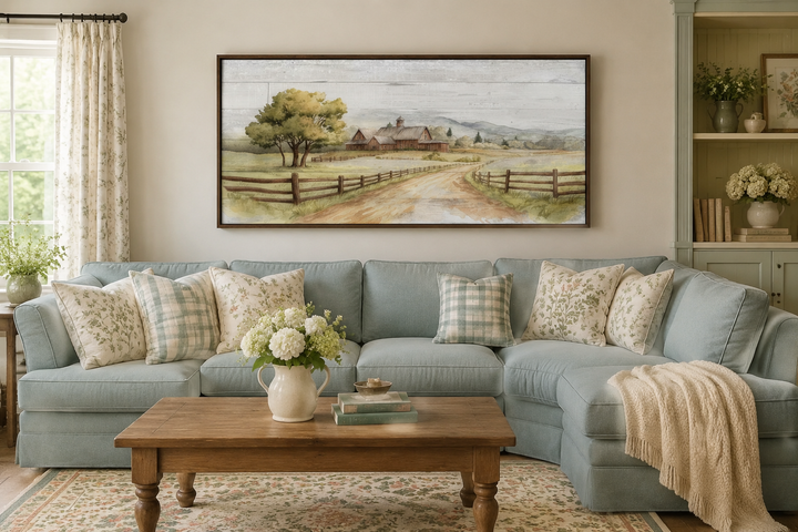 Rustic old barn landscape painting on wood-effect canvas in a dark wood frame above a blue sofa.