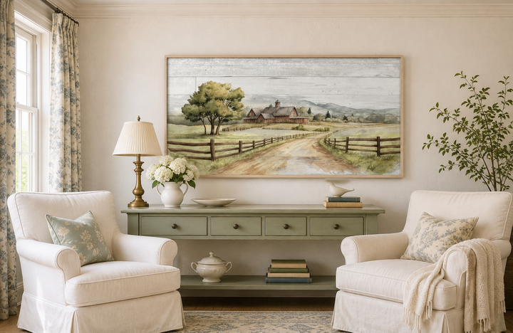 Rustic old barn landscape painting on wood canvas framed above a green console table in a room.