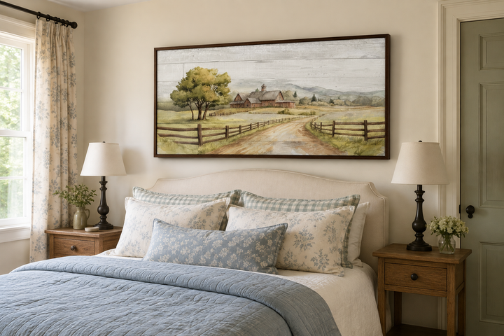 Rustic old barn landscape painting on wood-effect canvas framed above a bed in a farmhouse bedroom.