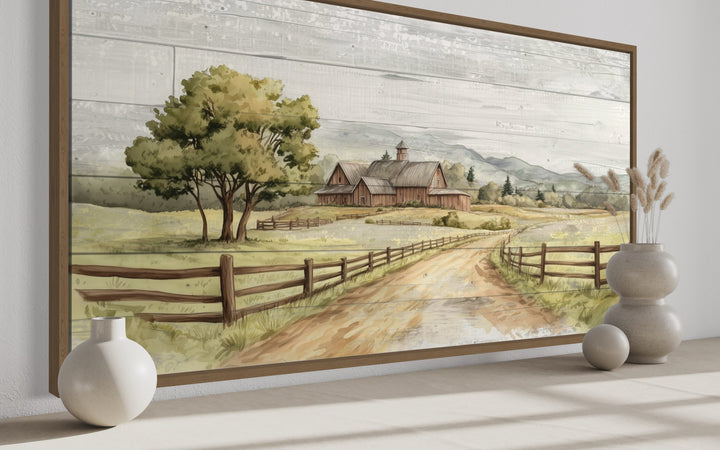 Rustic old barn landscape painting on wood-effect canvas with a dirt road and wooden fence.