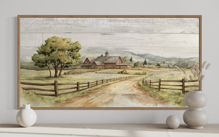 Rustic old barn landscape painting on wood-effect canvas with a dirt road and wooden fence.