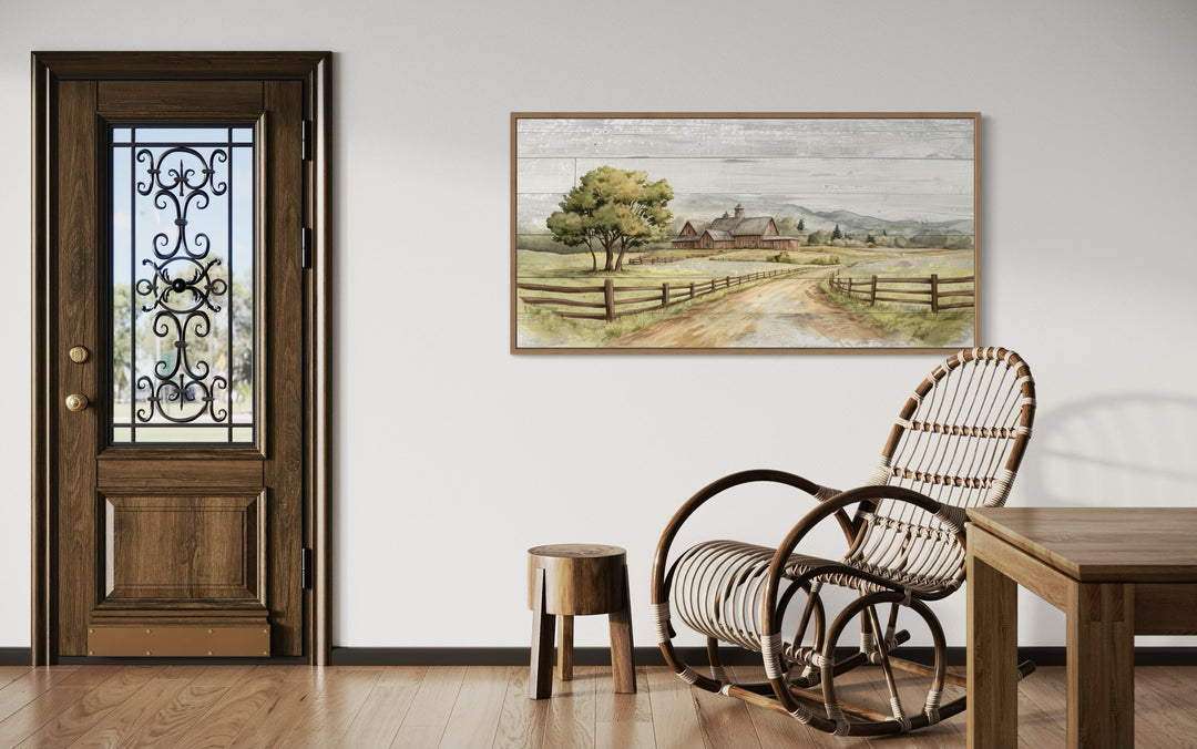 Rustic old barn landscape painting on wood canvas wall decor in a farmhouse-style room.