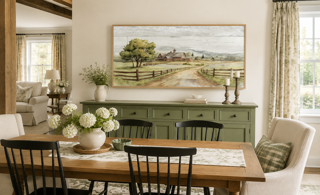 Rustic old barn landscape painting on wood-effect canvas in a farmhouse dining room.