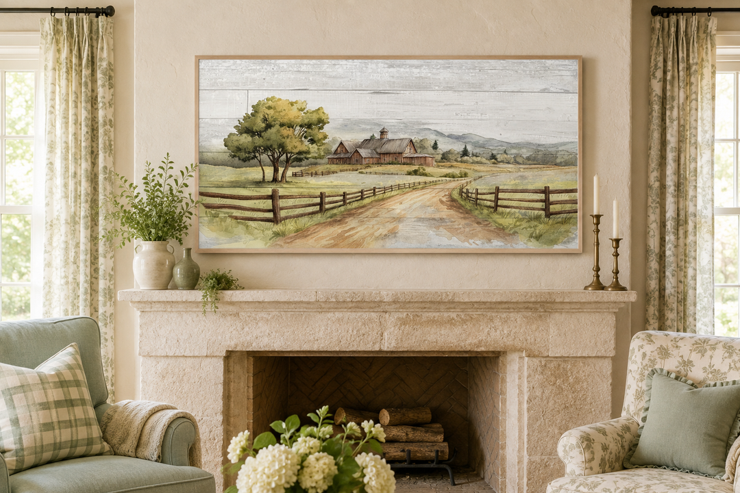 Rustic old barn landscape painting on wood canvas framed above a stone fireplace in a cozy room.
