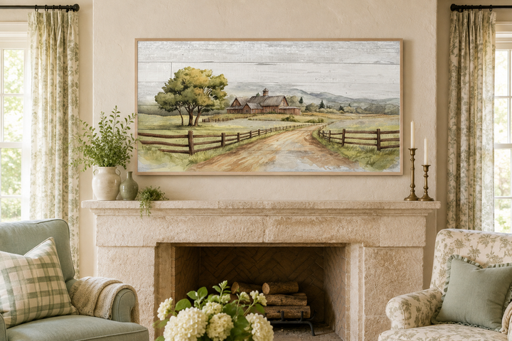 Rustic old barn landscape painting on wood canvas framed above a stone fireplace in a cozy room.