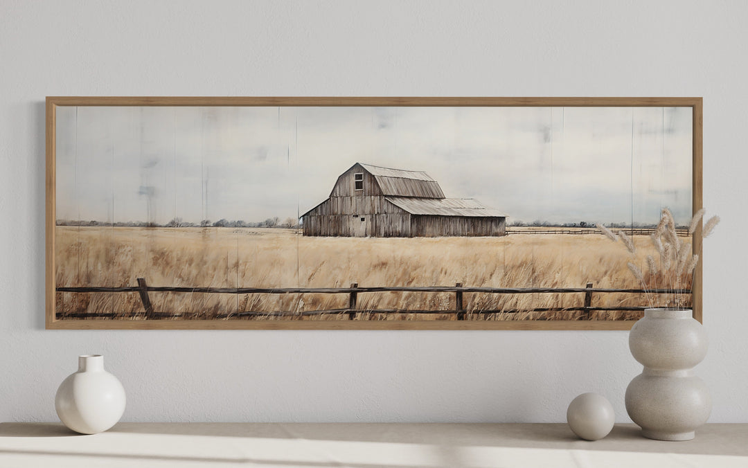 Rustic Old Barn Painting On Wood Long Narrow Framed Canvas Wall Art