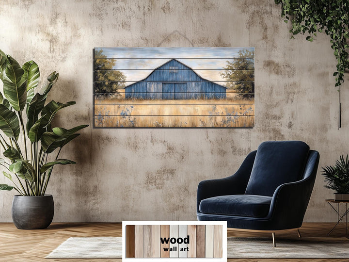 Rustic Old Blue Barn Distressed Wood Wall Art