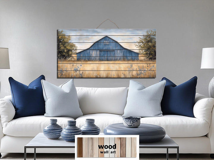 Rustic Old Blue Barn Distressed Wood Wall Art
