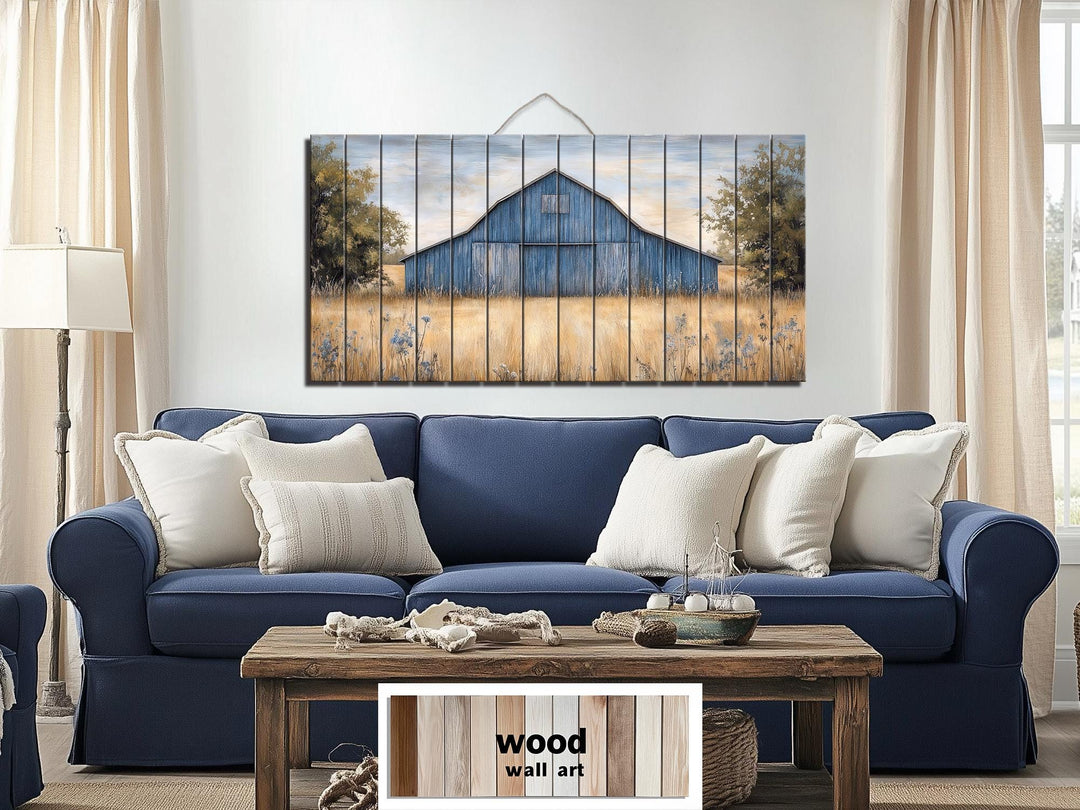 Rustic Old Blue Barn Distressed Wood Wall Art