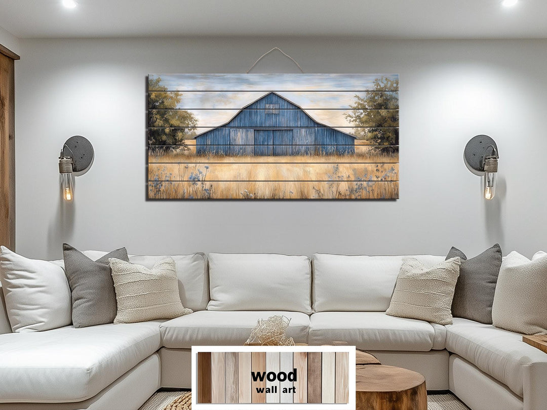 Rustic Old Blue Barn Distressed Wood Wall Art