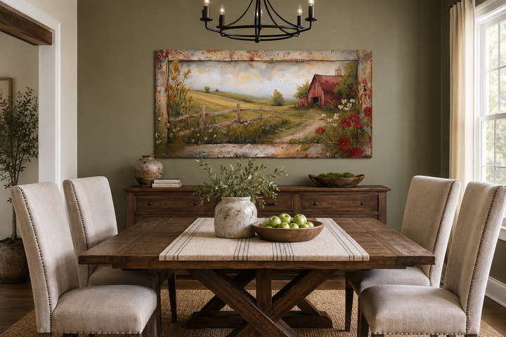 Rustic old red barn in a farm field canvas wall art hanging in a farmhouse dining room.