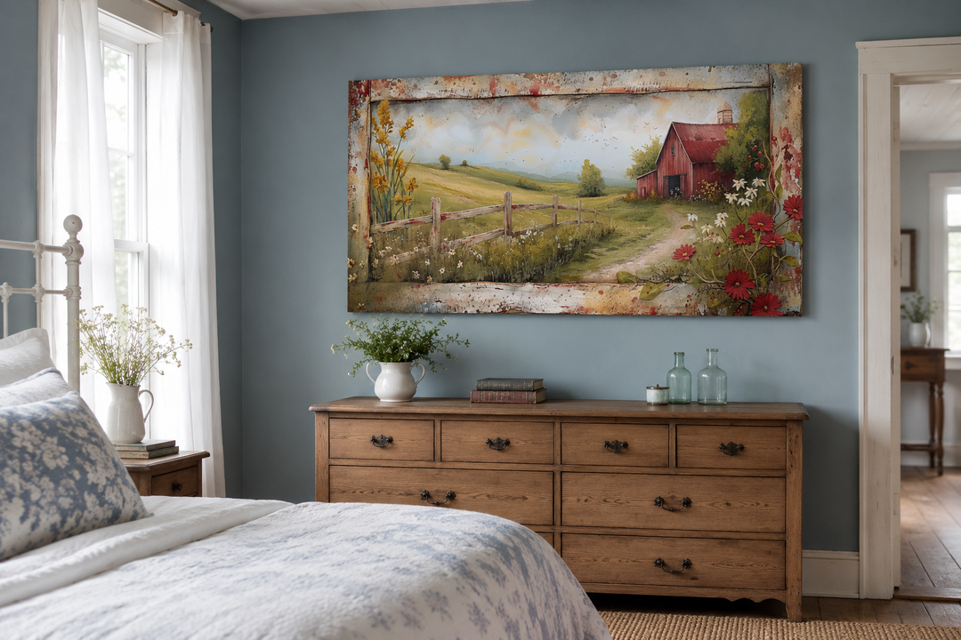 Rustic old red barn in a farm field canvas wall art hanging above a wooden dresser in a bedroom.