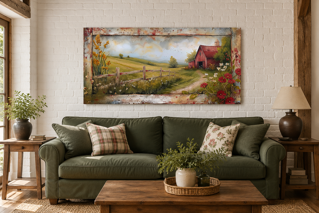 Rustic old red barn canvas wall art in a farmhouse living room above a green sofa.
