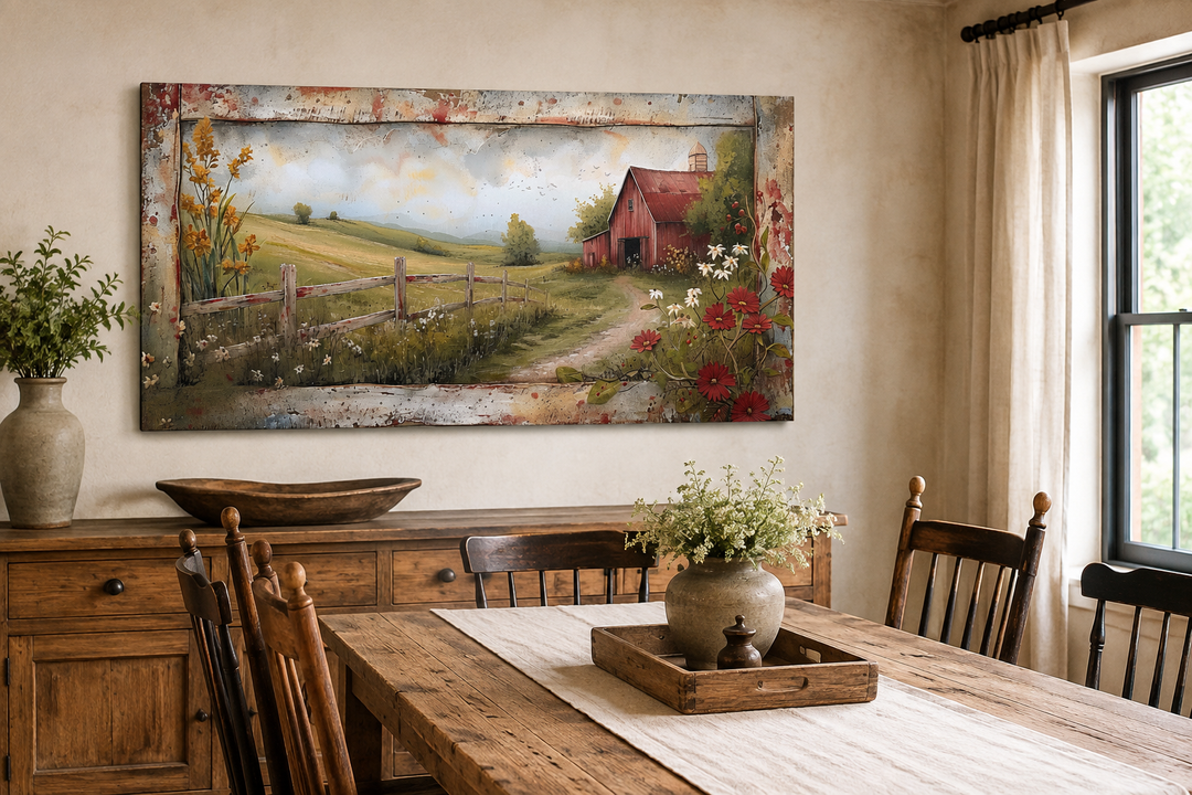 Rustic red barn canvas wall art in a farmhouse dining room with wooden furniture.