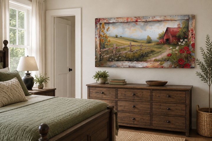 Rustic old red barn in a farm field canvas wall art hanging above a wooden dresser in a bedroom.