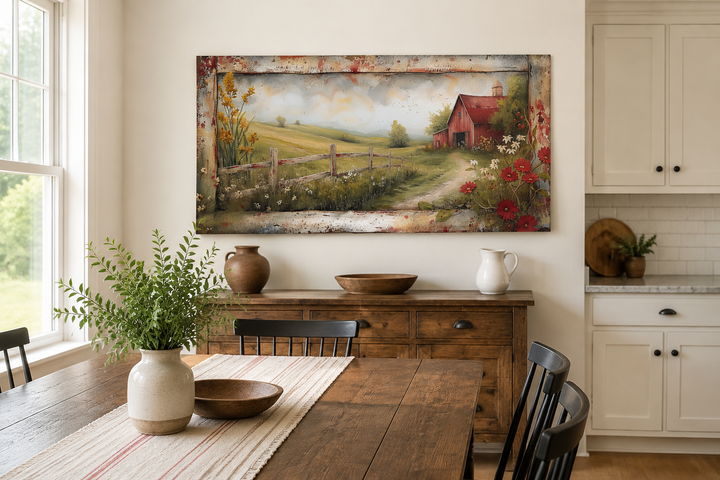 Rustic old red barn canvas wall art in a farmhouse dining room above a wooden sideboard.